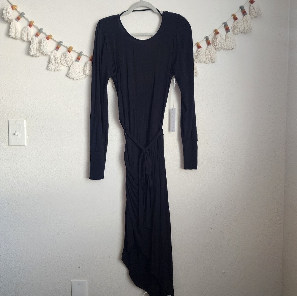 Young Fabulous & Broke Black Drapped Back Ruched Long Sleeve Belted Midi Dress L